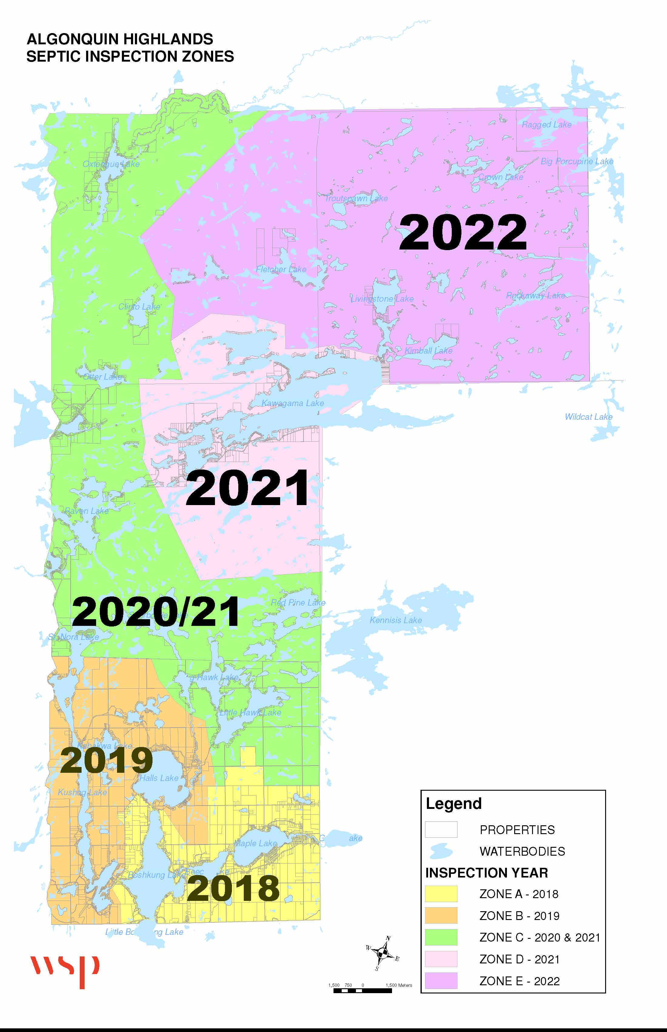 Map showing the Septic Re-Inspection zones for each year from 2018 to 2022.  Zone A properties were scheduled for inspection in 2018 and included properties located in the southeast corner of the Township including Stanhope and Carnarvon.  Zone B properties were scheduled for inspection in 2019 and included properties located in the southwest corner of the Township with the primary area being Stanhope.  Zone C properties were scheduled for inspection in 2020; however participation was voluntary due to COVID-19.  Zone C included properties within the central area of the Township including Stanhope and Sherborne. Property owners that did not book a re-inspection in 2020 were deferred to 2021 at which time, participation will be mandatory.  Zone D properties are scheduled for inspection in 2021 and mainly include the northeast area of the Township including Sherborne. The Kawagama Lake area has been included within this zone on a voluntary basis.  Kawagama Lake area property owners that do not participate in 2021 will be deferred to 2022 at which time, participation will be mandatory.  Zone E properties are scheduled for inspection in 2022 and include properties in the northeast corner of the Township including McClintock, Livingstone, Lawrence & Nightingale